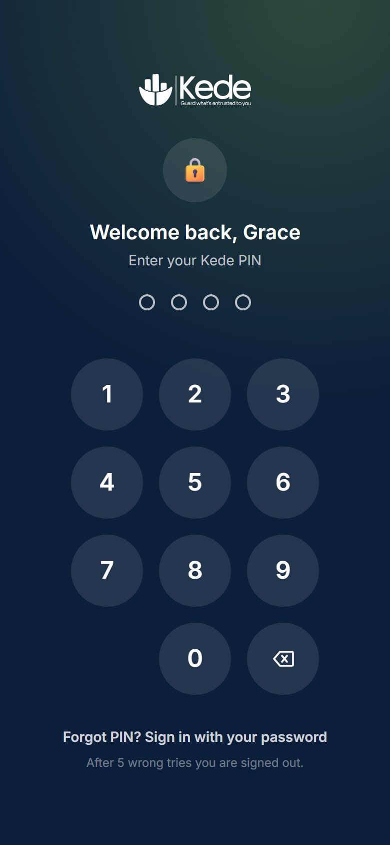 Kede app security: the PIN lock screen on a phone
