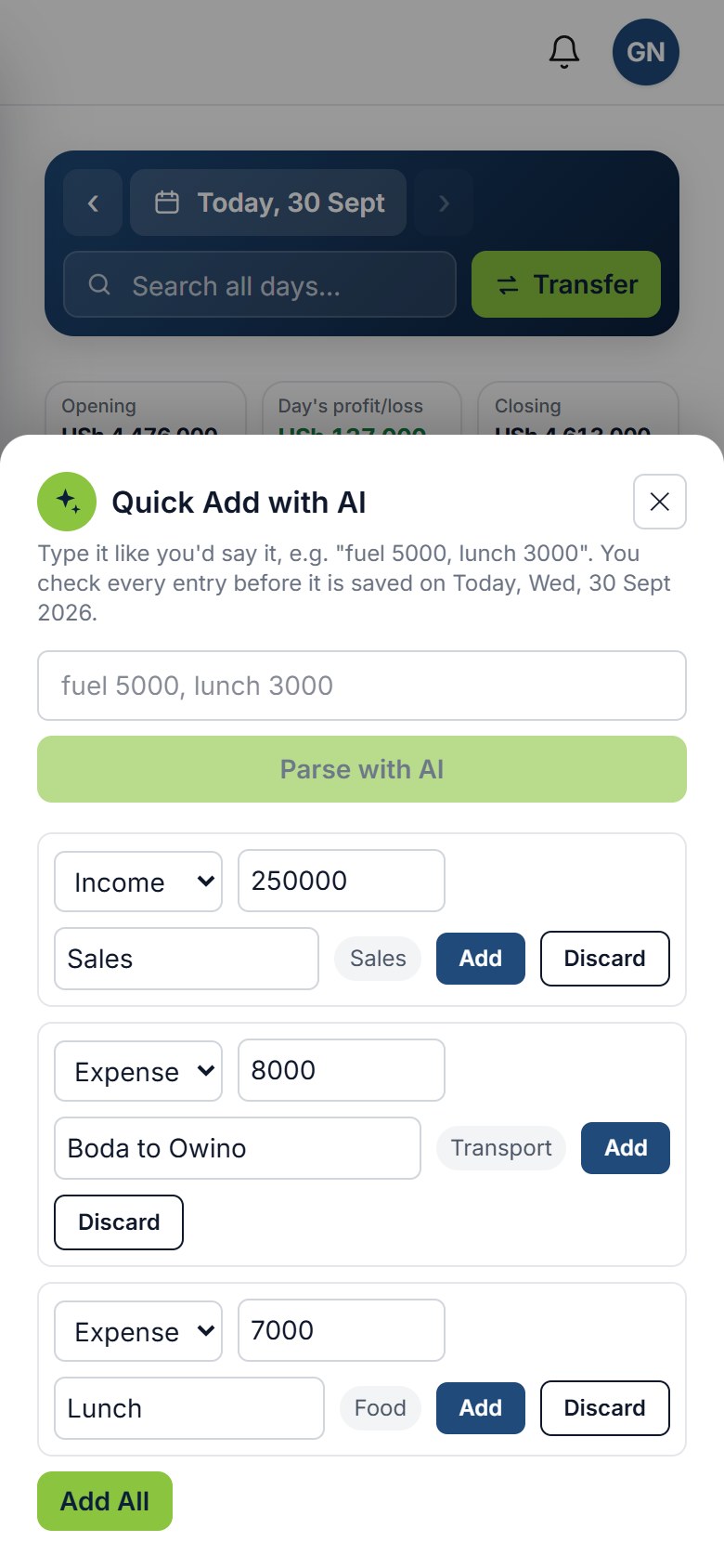 Quick Add in the Kede app: add income and expenses by typing one line